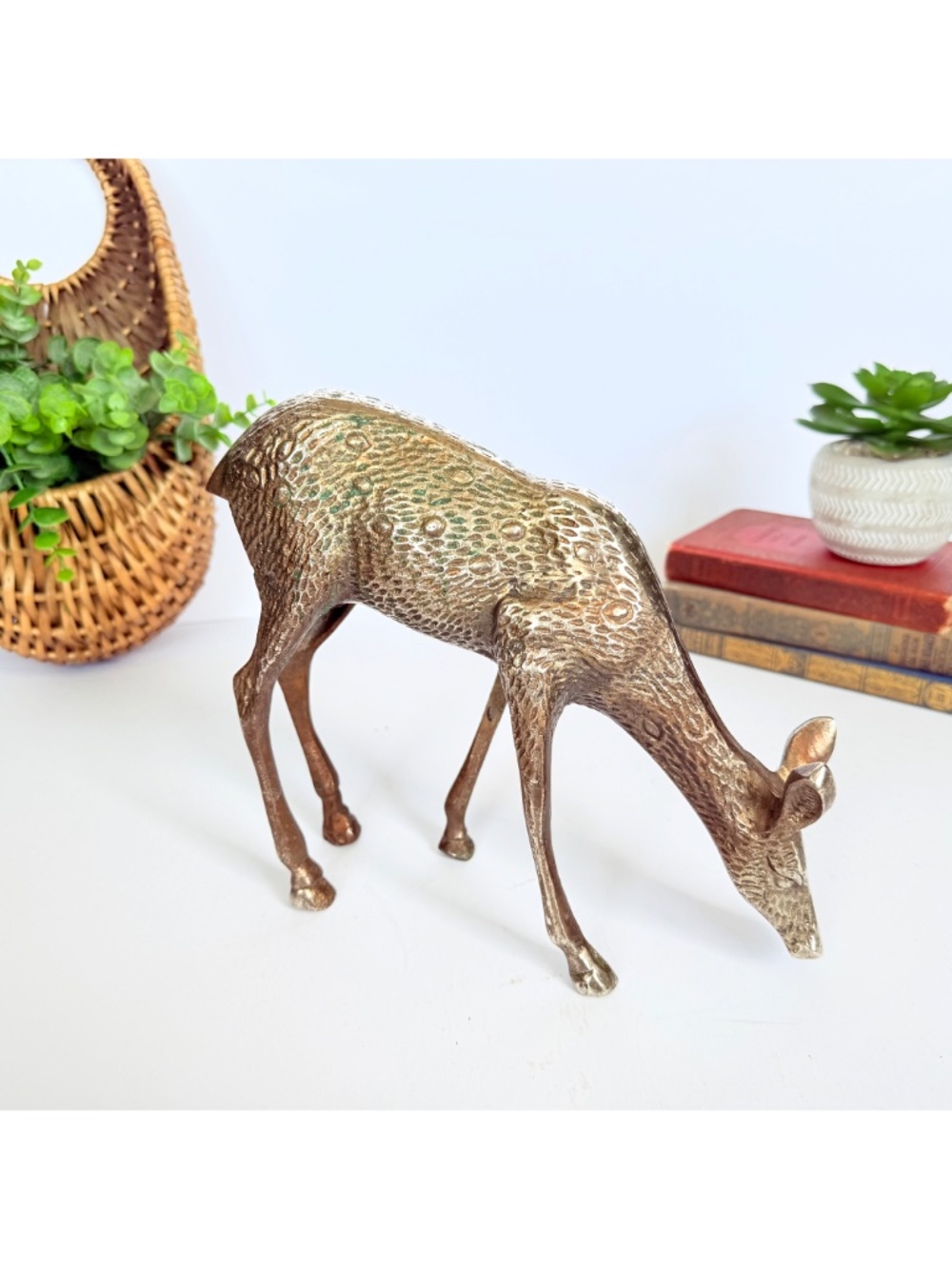 Vintage MCM Oversized Brass Deer Figurine MCM Boho India Grazing Doe Statue